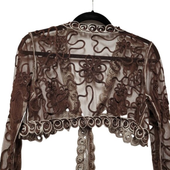 Brown Crop Jacket Bolero Top Sheer Mesh Lace Bolero Shrug Cover Up Size M - Picture 6 of 13